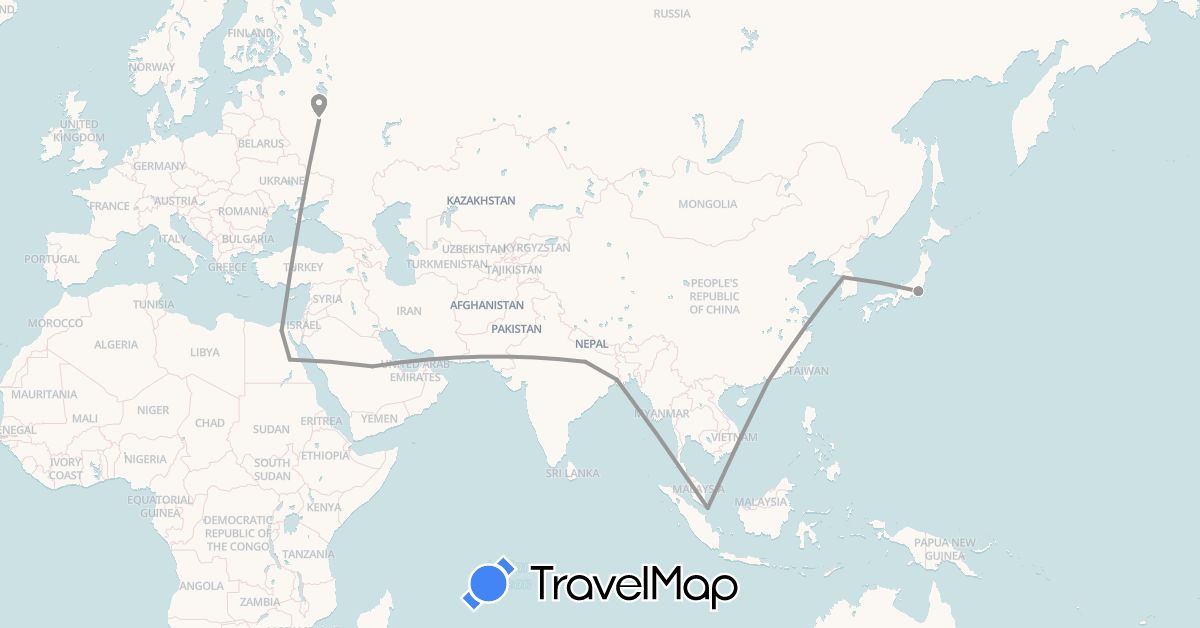 TravelMap itinerary: driving, plane in China, Egypt, India, Japan, South Korea, Russia, Saudi Arabia, Singapore (Africa, Asia, Europe)
